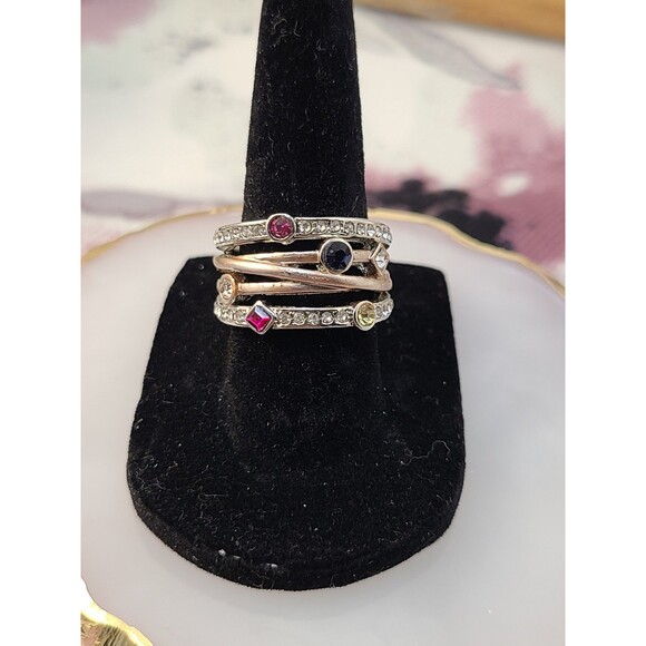 Sterling Silver Multi-Gem Ring | Size 6 CZ Rainbow Band Statement Jewelry - Picture 4 of 6